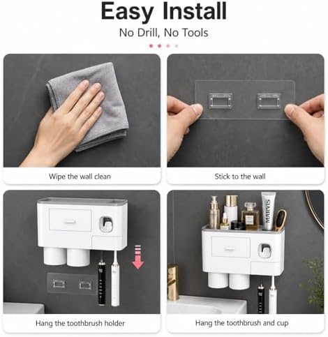Toothbrush Holders Bathroom Accessories with Toothpaste Dispenser, 2 Cups Toothbrush Holder Wall Mounted Bathroom Decor (Grey and White - Image 3