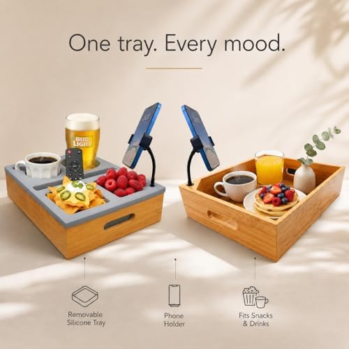Couch Caddy with Cup Holder | Wood Couch Cup Holder Tray for Drinks, Snacks & Remotes | Sofa Couch Organizer with Phone & Cup Holder Tray (Grey) - Image 3
