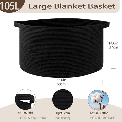 OIAHOMY 105L Extra Large Blanket Basket - Decorative Cotton Rope Storage Basket for Bedroom, Living Room & Nursery - Woven Laundry Hamper for Organizing Blankets, Clothes & Toys - Black - Image 2