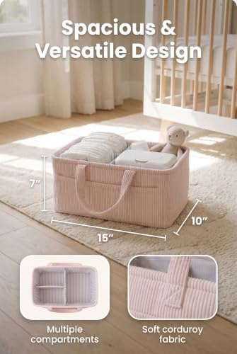 Diaper Caddy Organizer, Premium Baby Pink Corduroy Nursery Storage Basket with Removable Dividers & Handles, Portable Organizer for Diapers, Essentials, Baby Registry & Shower Gift - Image 6