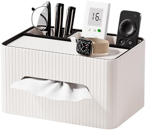 KINGFOM Leather Tissue Box Cover with Storage Tray, Decorative Tissue Box Holder Organizer for Office Desk, Bedroom & Nightstand, Remote Control Holder for Perfume, Watch, Glasses, Pens (Ivory White) by KingfomLeatherHomeOfficeDecor