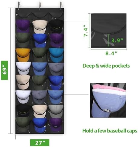 Dofilachy Hat Rack - Hat Organizer - Hat Racks for Baseball Caps, Visible Hat Holder - Baseball Rack for Wall Door with 3 Hooks, 27 Deep Pockets - Image 5