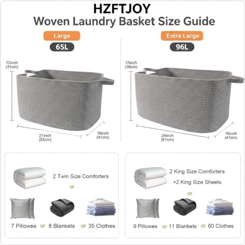 65L Large Laundry Basket with Handles, Woven Blanket Basket, Grey - Image 2
