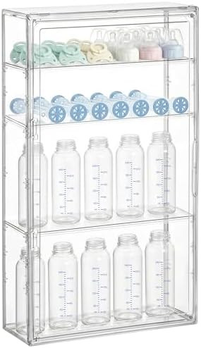 HBlife Baby Bottle Storage Organizer for Wall Countertop Cabinet, 4 Tiers Adjustable Clear Acrylic Bottles Storage Station Case Box Container with 3 Removable Dividers and Magnetic Door, Large by HBlife