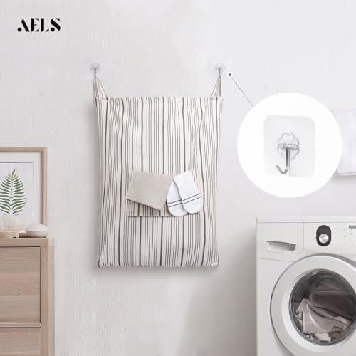 AELS Farmhouse Hanging Laundry Hamper with 2 Hooks, Washable Beige & Stripes Laundry Bag with Zipper & Wide Open Top, Over the Door Organizer for Dirty Clothes, Space Saving Storage - Image 6