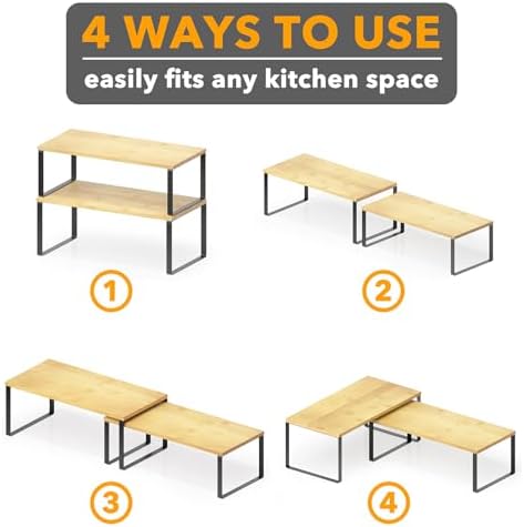 SpaceAid Cabinet Shelf Organizers 8 Pack, Kitchen Counter Rack Shelves Riser, Stackable Expandable Spice Rack, Pantry Cupboard Storage Organization (Black and Natural, Long) - Image 6