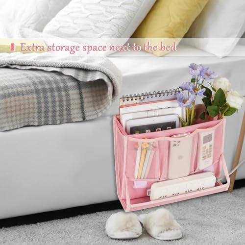 Bedside Caddy Organizer for Dorm Bed Rails with 7 Pockets, Pink - Image 3