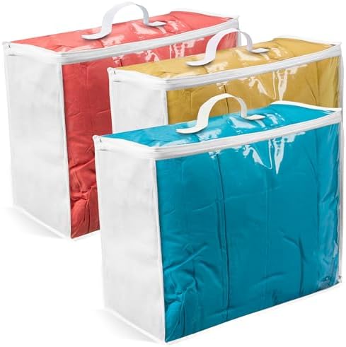 VitalUp Clear Plastic Storage Bags, Durable Zippered Storage Bags for Comforters, Blankets, Clothes, and Bedding - Breathable Nonwoven with Clear Front for Easy Organizing, 18x15x9, 3 Pack by Vitalup