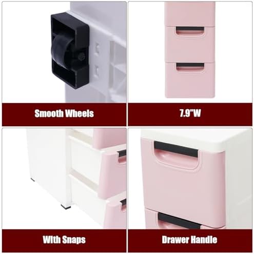 6 Drawers Narrow Slim Plastic Storage Cabinet,Storage Drawer with Wheels,6 Tier Drawers Dresser,Rolling Narrow Cabinet for Small Spaces Bathroom Kitchen Living Room,Pink - Image 4