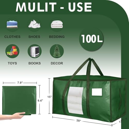 12 Pack Extra Large Moving Bags Heavy Duty 180GSM,130LBS 100L Totes with Visible Window, Zippers & Wrap-Around Handles, Waterproof Reusable, Alt to Moving Boxes, Olive green - Image 2