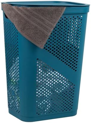 Mind Reader Slim Laundry Hamper with Lid, 60L Clothes Basket, Ventilated Plastic, Blue by MindReader