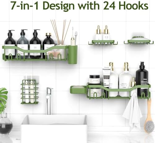 NESOMI Shower Caddy Adhesive Shower Organizer 7-Pack, Rustproof Stainless Steel Bathroom Shelves, Large Capacity No-Drill Rack Storage Accessories with Soap Dish Toothbrush Holder Hooks - Image 4