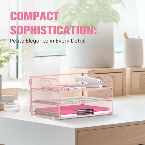 DALTACK 3 Tier Paper Organizer for Desk, Sliding Paper Trays, Pink - Image 5