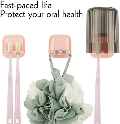 2 PCS Self-Adhesive Toothbrush Holders Wall Mounted, Water Proof Toothbrush Hook, 2 in 1 with Toothbrush Hanger and Gargle Cup Holder for Bathroom Shower (Pink) - Image 4
