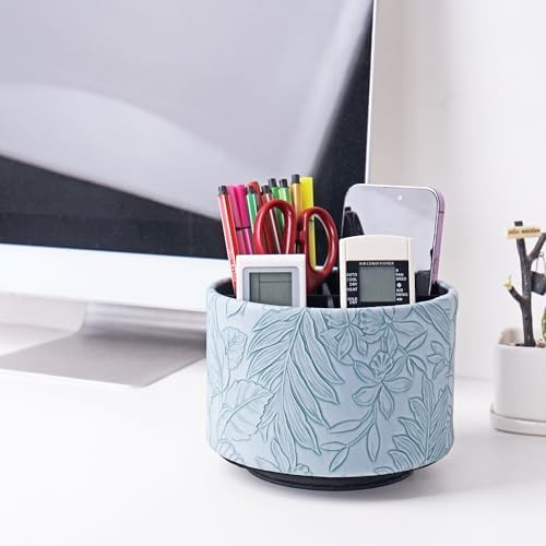 Round Leather Art Supply Organizer,Remote Control Holder,360 Degree Spinning,Multi-Functional Pencil Holder,4 Compartments Desktop Stationary Organizer(1-Carved Light Blue) - Image 7