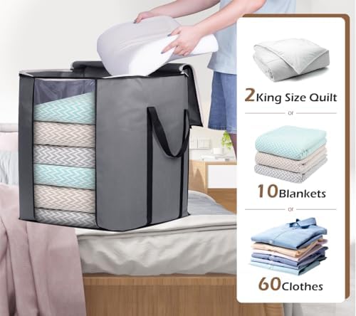 SLEEPING LAMB 120L Oversized Blanket Storage Bags Sturdy Fabric Clothes Storage Containers for King Comforter Bedding Pillow Sheet, Grey, 3 Packs - Image 4