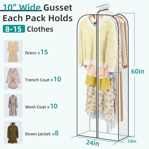 LANDNEOO 6 Pack Clear Garment Bags for Hanging Clothes with Zippers on Double Sides - 10'' Clothes Storage for Coat, Dress, and Fur in Closet - 60'' Long Suit Bags - Image 2