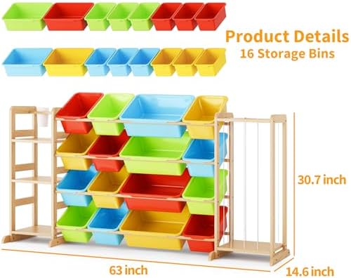 Toy Storage Organizer with Bookshelf and Stuffed Animal Storage - Playroom Organization with 3 Shelves and 16 Bins - Living Room Box for Collections - Nursery Bedroom Decor Essential - Image 6