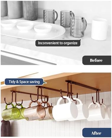 Luckinow Mug Hooks Under Cabinet 3 Pack, Coffee Cup Hooks for Hanging Under Shelf, Mug Organizer Rack with 12 Hooks for Displaying Mugs, Coffee Cups and Kitchen Utensils, Brown - Image 2