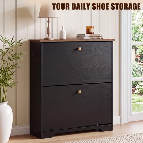 Nicetree 2 Flip‑Drawer Shoe Cabinet,Walnut Top,9.5" Deep, Light Black - Image 3