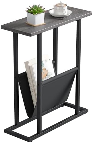 Yusong Narrow Side Table for Small Spaces, Small End Table with Magazine Holder, Skinny Slim Little Thin Table for Living Room, Bedroom, Sofa, Grey Oak by Yusong