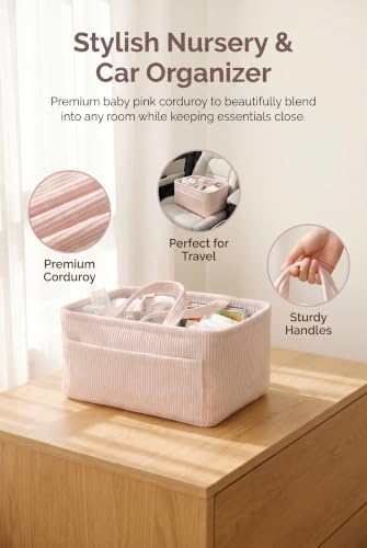 Diaper Caddy Organizer, Premium Baby Pink Corduroy Nursery Storage Basket with Removable Dividers & Handles, Portable Organizer for Diapers, Essentials, Baby Registry & Shower Gift - Image 3