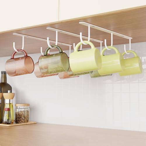 3 Pack Mug Hooks Under Cabinet with 9 Hooks for Displaying Mugs, White by Luckinow