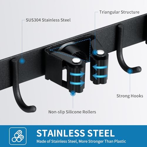 2 Pack Broom Hanger and Mop Holder, Heavy Duty Garden Tool Organizer Rack Rake and Shovel Handle, Stainless Steel Wall Mounted Utility Rack with Screws (5 Racks with 4 Hooks, Matte Black). - Image 7