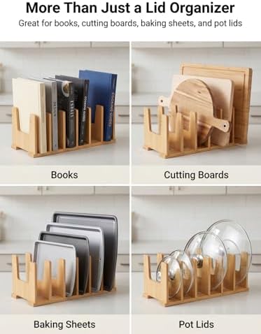 2 Pack Bamboo Pot Lid Organizer for Drawer & Cabinet, 6-Slot Lid Holder - Image 6