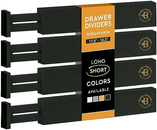 4-Pack Bamboo Drawer Dividers - 12.2 to 17.3 Inches Deep, 2.6 Inches High, Adjustable Expandable Drawer Organizer Dresser Separator for Clothes, Utensils, Kitchen, Bathroom, Office Storage, Black by Bamb%C3%BCsi
