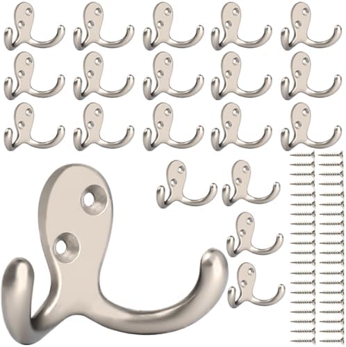 IBosins 20 Pack Silvery Double Prong Coat Hooks Wall Mounted with 40 Screws by IBosins