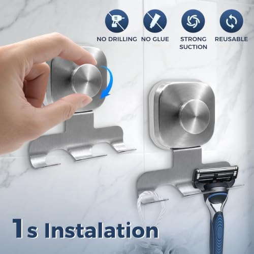 Square Suction Cup Razor Holder for Shower,Heavy-Duty 7KG Suction Hooks for Razor,Towel,Loofah,Removable Damage-Free Metal Shower Hook,Shaver Holder,2 Pack(Brushed Silver) - Image 2