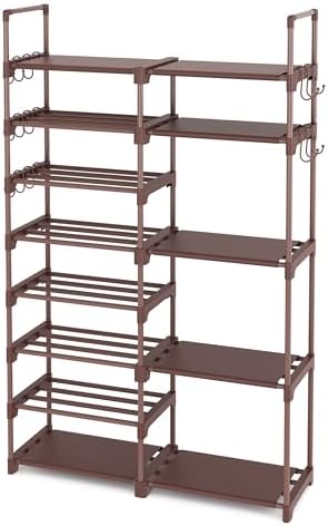 ROJASOP Shoe Rack Organizer, 8-Tier Metal Shoe Rack for Closet Entryway Garage, 26-32 Pairs Tall Shoe Boot Storage Shelf with 15 Hooks, Stackable Large Shoe Stand, Brown by ROJASOP