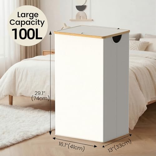 efluky Slim Laundry Hamper with Lid and Removable Bag, 100L Beige - Image 3