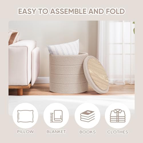 PINPLUS Round Folding Storage Ottoman, Beige Boucle Footstool - Image 4