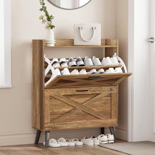 Homleke Farmhouse Shoe Storage Cabinet with Flip Drawers & Barn Door Design - Image 3