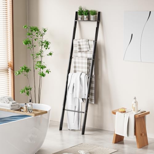 BAMBANG 6-Tier Blanket Ladder for Living Room, Blanket Quilt Ladder Rack Rustic Decorative Towel Holder, Wall Leaning Blanket Ladder Shelf Storage Farmhouse Decor for Bedroom Bathroom, Black - Image 6