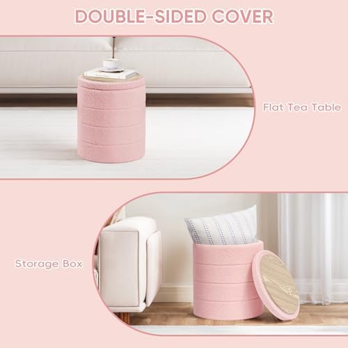 PINPLUS Compact Round Folding Storage Ottoman, Pink Boucle Footstool - Image 6