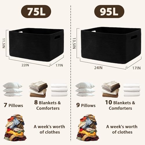 Optish 75L Large Woven Blanket Basket, Storage Basket with Handles, Black - Image 3