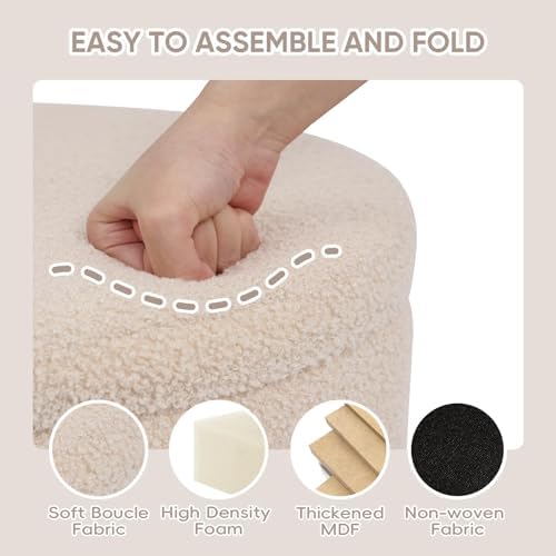 PINPLUS Round Folding Storage Ottoman, Beige Boucle Footstool - Image 6