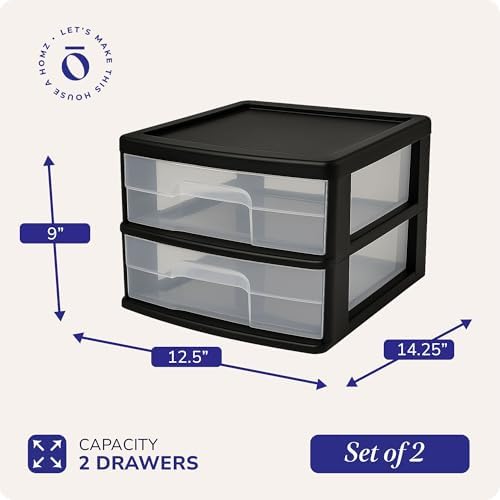 HOMZ 2 Drawer Storage Cart, Wide Plastic Container, Black Frame, 2 Pack - Image 2