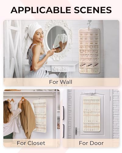 BAGSMART Hanging Jewelry Organizer Storage with Hanger Metal Hooks Double-Sided Jewelry Holder for Earrings, Necklaces, Rings on Closet, Wall, Door, 1 piece Large Beige - Image 5