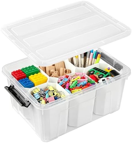 Craft Storage Box with Lid, Clear Art Supply Organizer with Sorting Bins by EasyCozyHomey