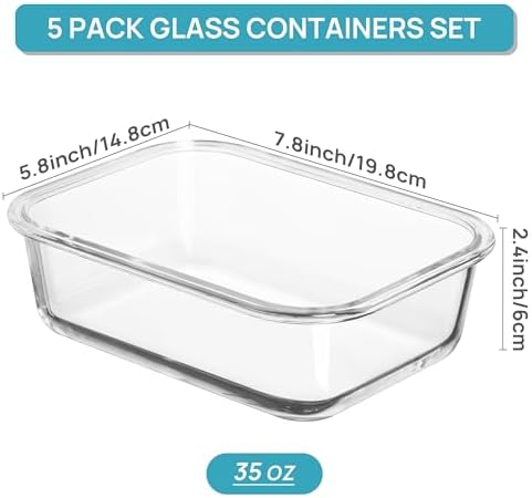 Vtopmart 5 Pack 35oz Glass Food Storage Containers with Lids, Grey - Image 2