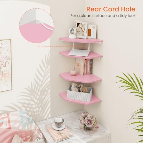 Homode Corner Shelf Wall Mount, Set of 4 Corner Floating Shelves, Wood Hanging Storage Shelving with Cord Hole, Wall Shelf Organizer for Bathroom Bedroom Living Room Office, Pink - Image 3