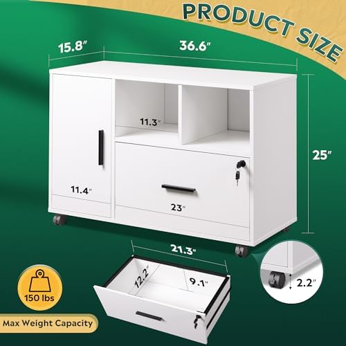 DEVAISE Office File Cabinet with Lock, 1-Drawer Wood Lateral Filing Cabinet on Wheels, Printer Stand with Open Storage Shelves for Home Office, White - Image 3