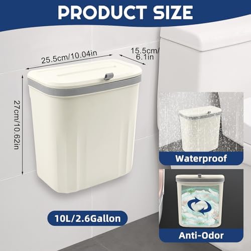 3 Pack Hanging Trash Can with Lid, 10L/2.6 Kitchen Compost Bin for Counter Top or Under Sink, Small Plastic Waste Basket Wall Mounted Garbage Can for Cupboard/Bathroom/Bedroom/Office/Camping (White) - Image 2