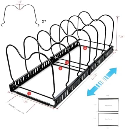 Metal Pot and Pan Organizer, 2-Section Heavy-Duty Expandable Rack, 7 Adjustable Dividers Multi-Purpose Storage for Cookware, Pot Lids, Cutting Boards & Bakeware, Cabinet & Countertop - Image 2