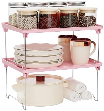 STARLATTA 2 Pcs Cabinet Organizer Shelf，Stackable Kitchen Counter Shelves, Spice Rack,Countertop Organizers，Pink Plastic Storage Shelves Rack for Makeup，Bathroom, Cupboard，Desk，Pantry Organization by STARLATTA