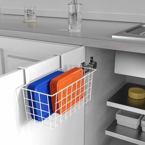 MaraFansie Basket with Hook, Grid Storage Basket, Over the Cabinet Door Organizer, Wire Hanging Basket with Hook Over the Door/Railing, Under Sink Kitchen Cabinet, Pantry, Bathroom, White, 4 Pack - Image 3